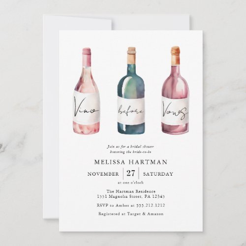 Elegant Watercolor Vino Before Vows Bridal Shower Invitation