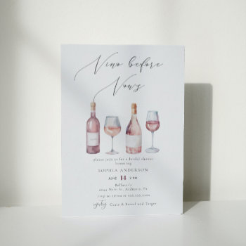 Elegant Watercolor Vino Before Vows Bridal Shower Invitation by PrintedbyCharlotte at Zazzle