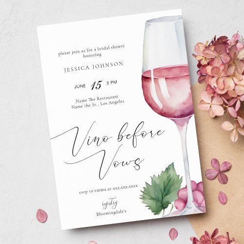 Elegant Watercolor Vino before Vows Bridal Shower Invitation