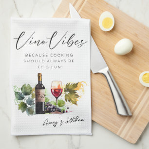 Elegant Watercolor Vino Vibes Vineyard Quote Kitchen Towel