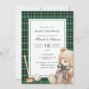 Elegant Watercolor Vintage plaid teddy bear Baby Invitation