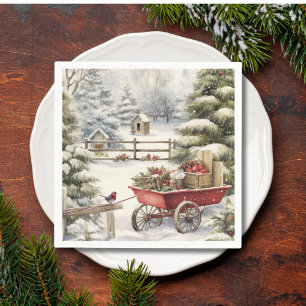 Elegant Watercolor Vintage Red Robin In Snowy Wood Napkins