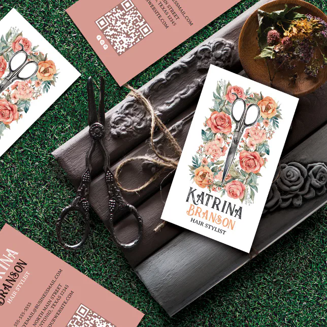 Elegant Watercolor Vintage Scissors & Floral Business Card | Zazzle