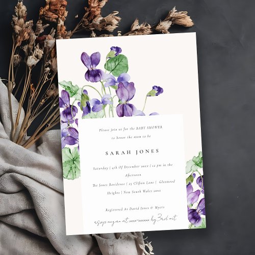 Elegant Watercolor Violet Floral Baby Shower Invitation