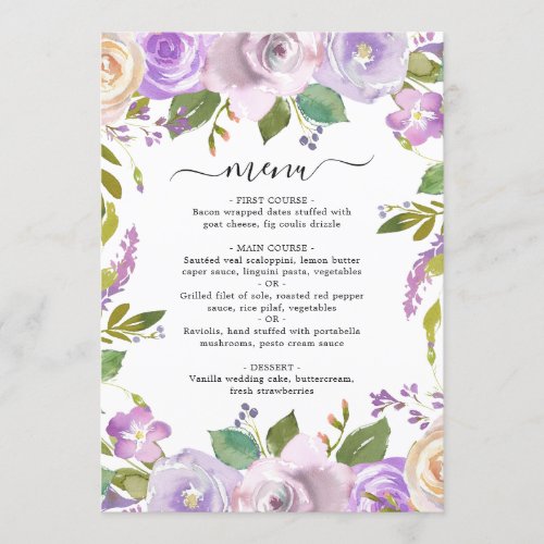 Elegant Watercolor Violet Purple Floral Wedding Menu