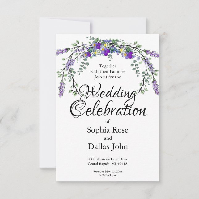 Elegant watercolor violets and Lavender Wedding Invitation (Front)