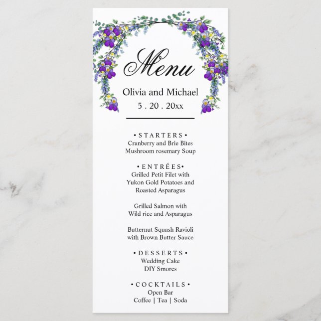 Elegant watercolor violets Wedding Menu (Front)