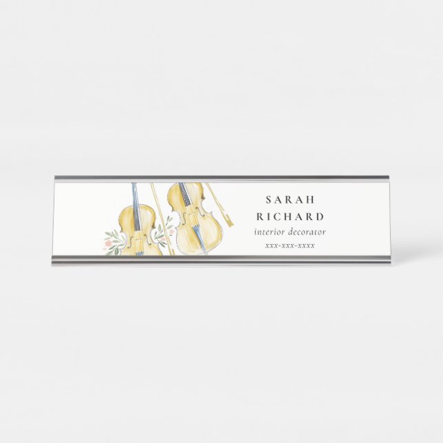 Elegant Watercolor Violin Musician Music Teacher Desk Name Plate (Front)