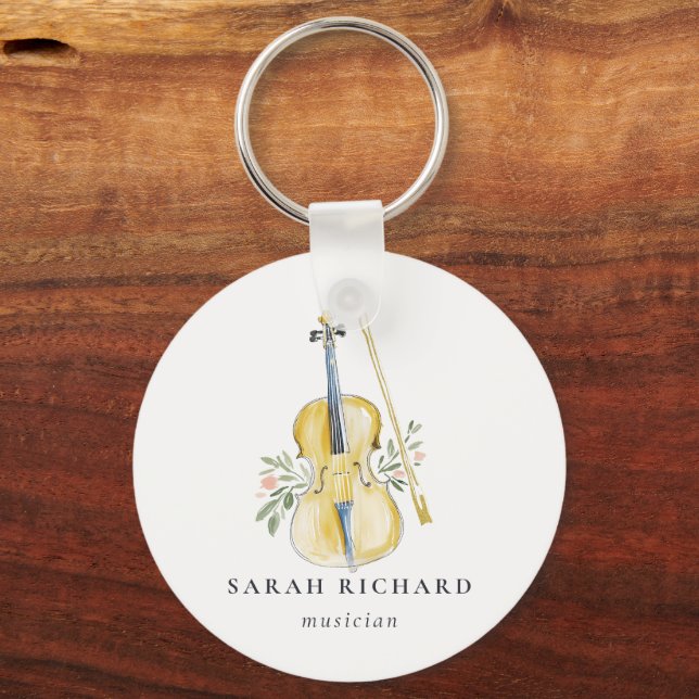 Elegant Watercolor Violin Musician Music Teacher Keychain (Front)
