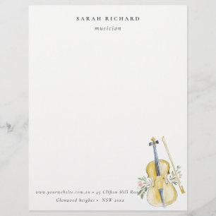 Elegant Watercolor Violin Musician Music Teacher Letterhead