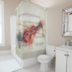 Elegant Watercolor Violin Rust Cream Black Shower Curtain