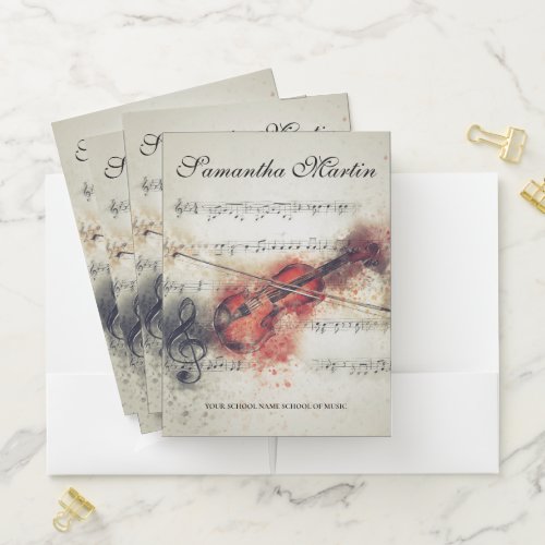 Elegant Watercolor Violin Sheet Music Pocket Folder