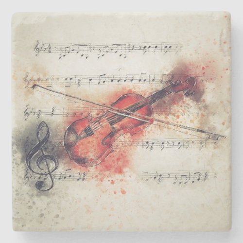 Elegant Watercolor Violin Sheet Music Rust Cream Stone Coaster