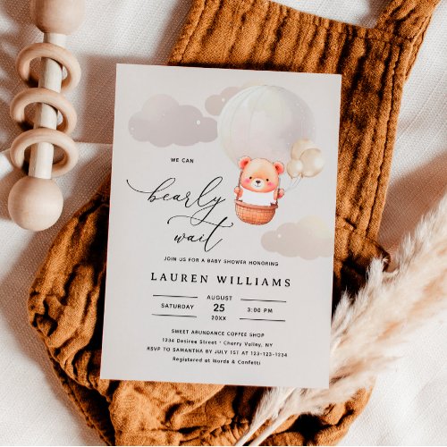 Elegant Watercolor We Can Bearly Wait Baby Shower Invitation