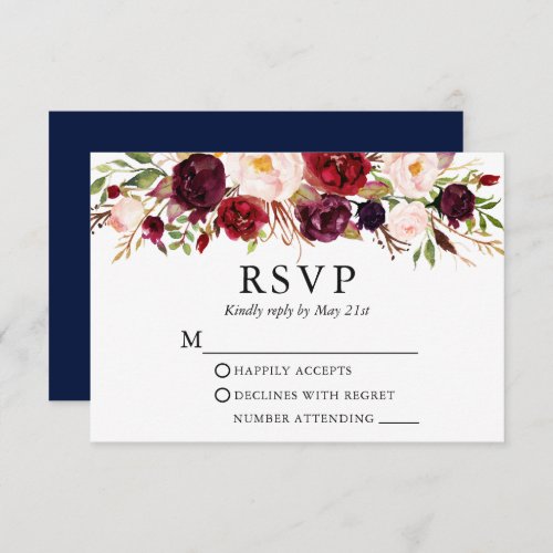 Elegant Watercolor Wedding Burgundy Floral Blue RSVP Card