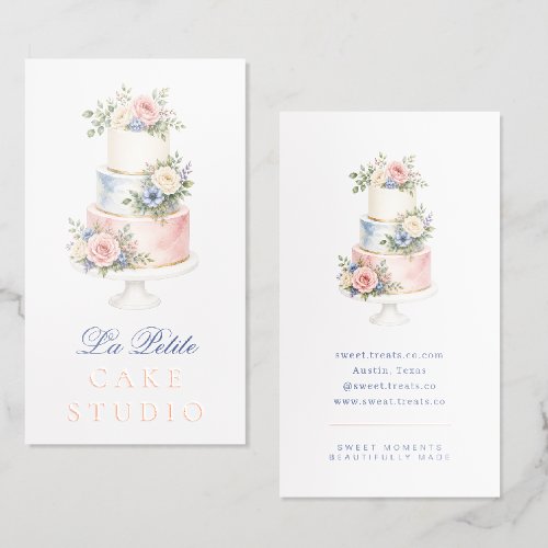 Elegant Watercolor Wedding Cake Bakery Foil Business Cards