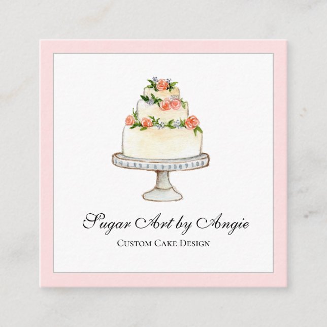 Elegant Watercolor Wedding cake bakery Square Square Business Card (Front)