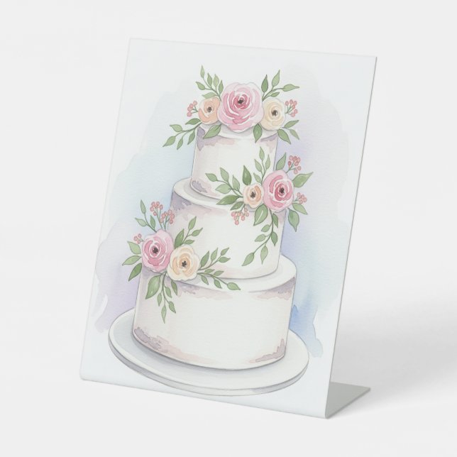 Elegant Watercolor Wedding Cake Tabletop Sign (Front)