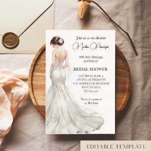 Elegant Watercolor Wedding Dress Bridal Shower Invitation