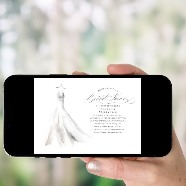 Elegant Watercolor Wedding Dress Bridal Shower Invitation (Front Digital)