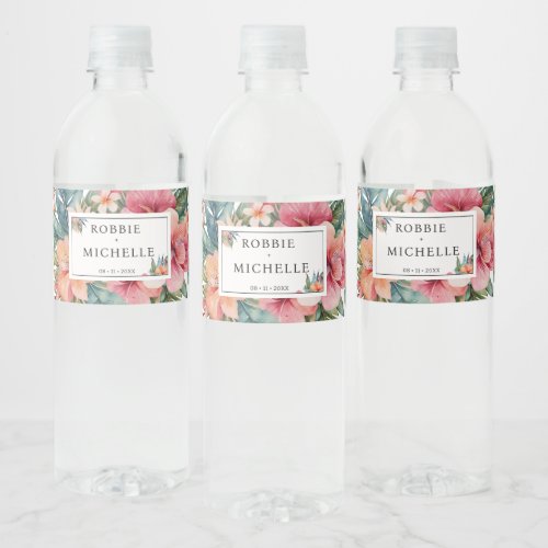 Elegant Watercolor Wedding Floral Boho Water Bottle Label