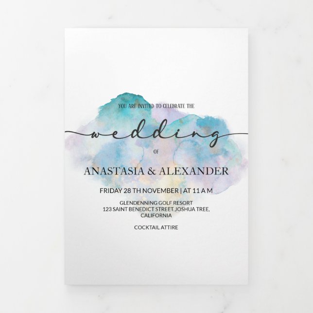 Elegant watercolor wedding invitation/menu/rsvp. Tri-Fold invitation (Cover)