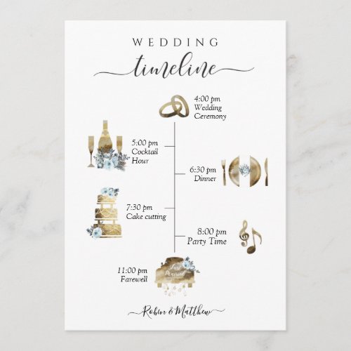 Elegant Watercolor Wedding Timeline Blue Floral Program