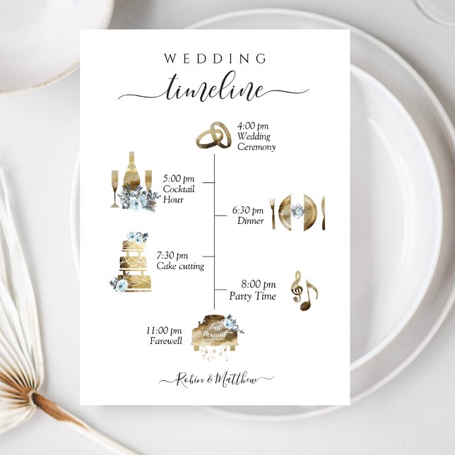Elegant Watercolor Wedding Timeline Blue Floral Program (Creator Uploaded)