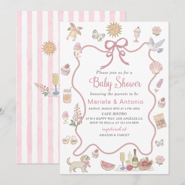 Elegant  Watercolor Whimsical Summer Doodles Baby  Invitation (Front/Back)