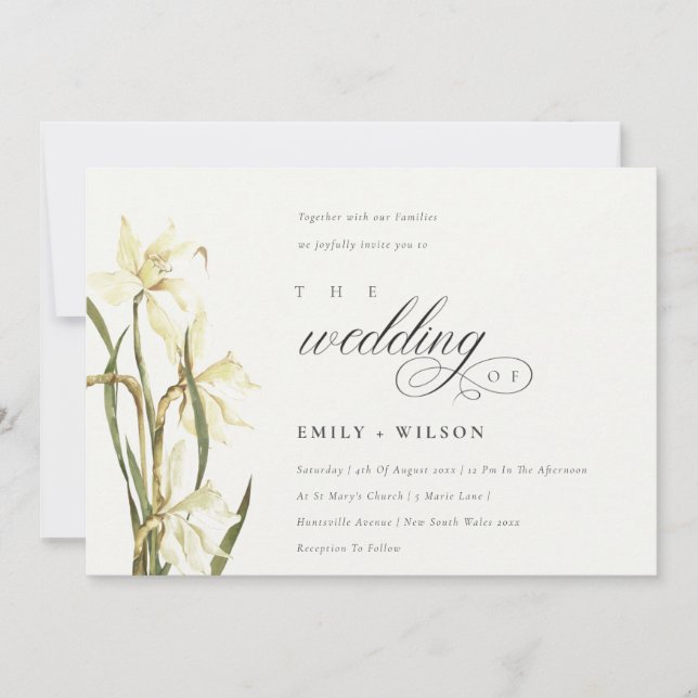 Elegant Watercolor White Daffodil Wedding Invite (Front)