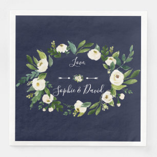 Elegant Watercolor White Floral Dark Blue Wedding Paper Dinner Napkins