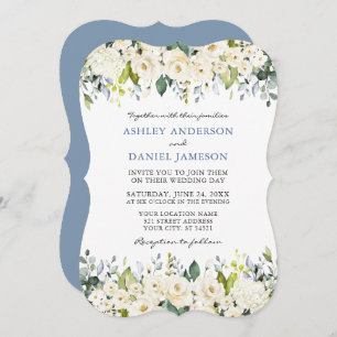 Elegant Watercolor White Floral Dusty Blue Wedding Invitation