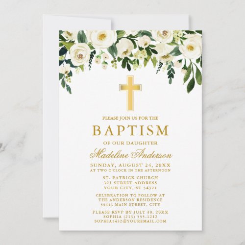 Elegant Watercolor White Floral Gold Baptism Invitation