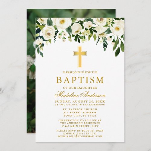 Elegant Watercolor White Floral Gold Baptism Photo Invitation