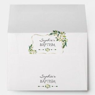 Elegant Watercolor White Floral Gold Frame Baptism Envelope