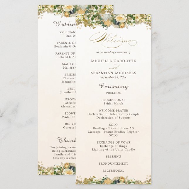Elegant Watercolor White Floral Gold Wedding Program (Front/Back)