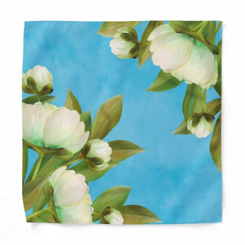 Elegant Watercolor White Floral Peonies Flowers Bandana