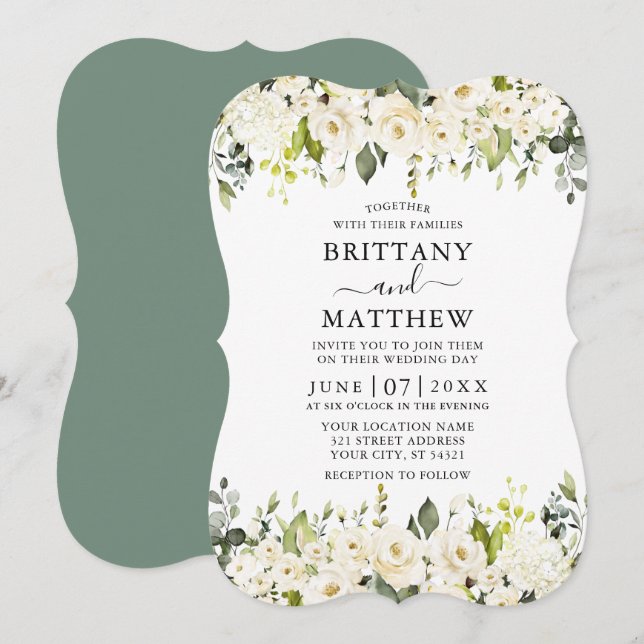 Elegant Watercolor White Floral Sage Green Wedding Invitation (Front/Back)