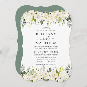 Elegant Watercolor White Floral Sage Green Wedding Invitation