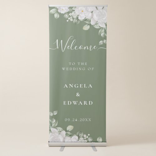 Elegant Watercolor White Florals Wedding Welcome Retractable Banner
