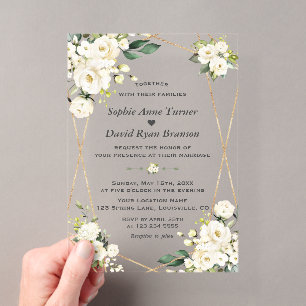 Elegant Watercolor White Flowers Gold Wedding Acrylic Invitations