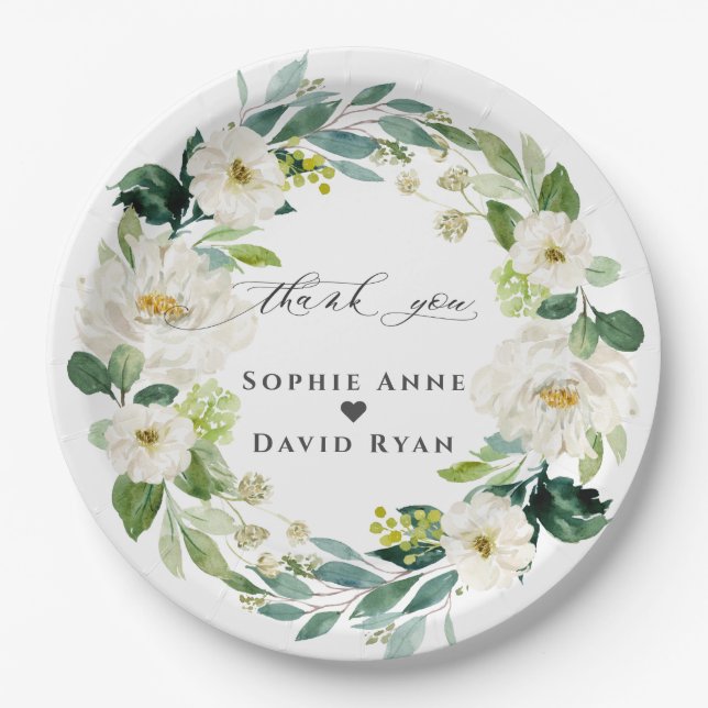 Elegant Watercolor White Flowers Wreath Wedding   Paper Plates (Front)