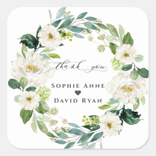 Elegant Watercolor White Flowers Wreath Wedding  Square Sticker