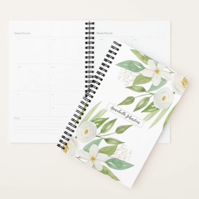 Elegant Watercolor White & Green Floral Planner (Display)