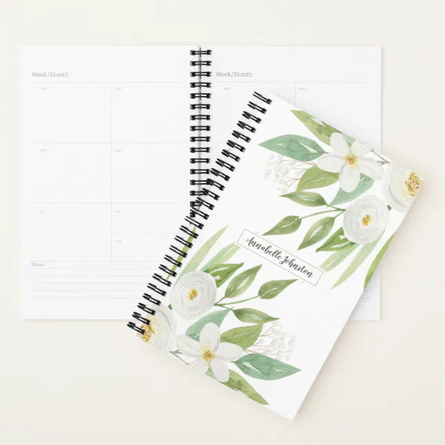 Elegant Watercolor White & Green Floral Planner | Zazzle