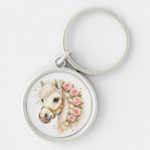 Elegant Watercolor White Horse with Rose‑B Keychain
