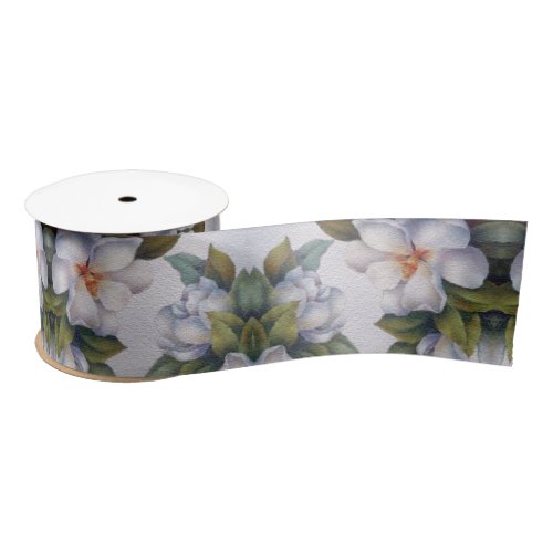 Elegant Watercolor White Magnolia Flower Wrapping  Satin Ribbon