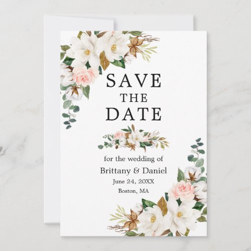 Elegant Watercolor White Magnolias Pink Roses Save The Date