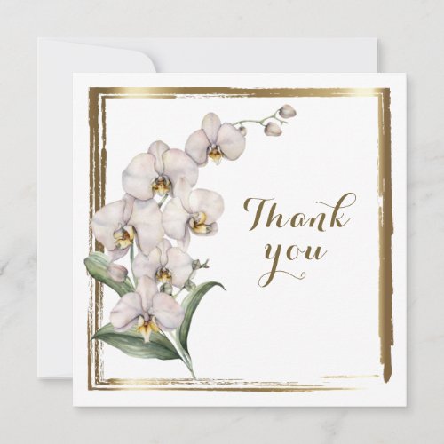 Elegant Watercolor White Orchids Gold Frame  Thank Thank You Card