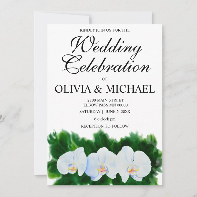 Elegant watercolor white orchids invitation (Front)
